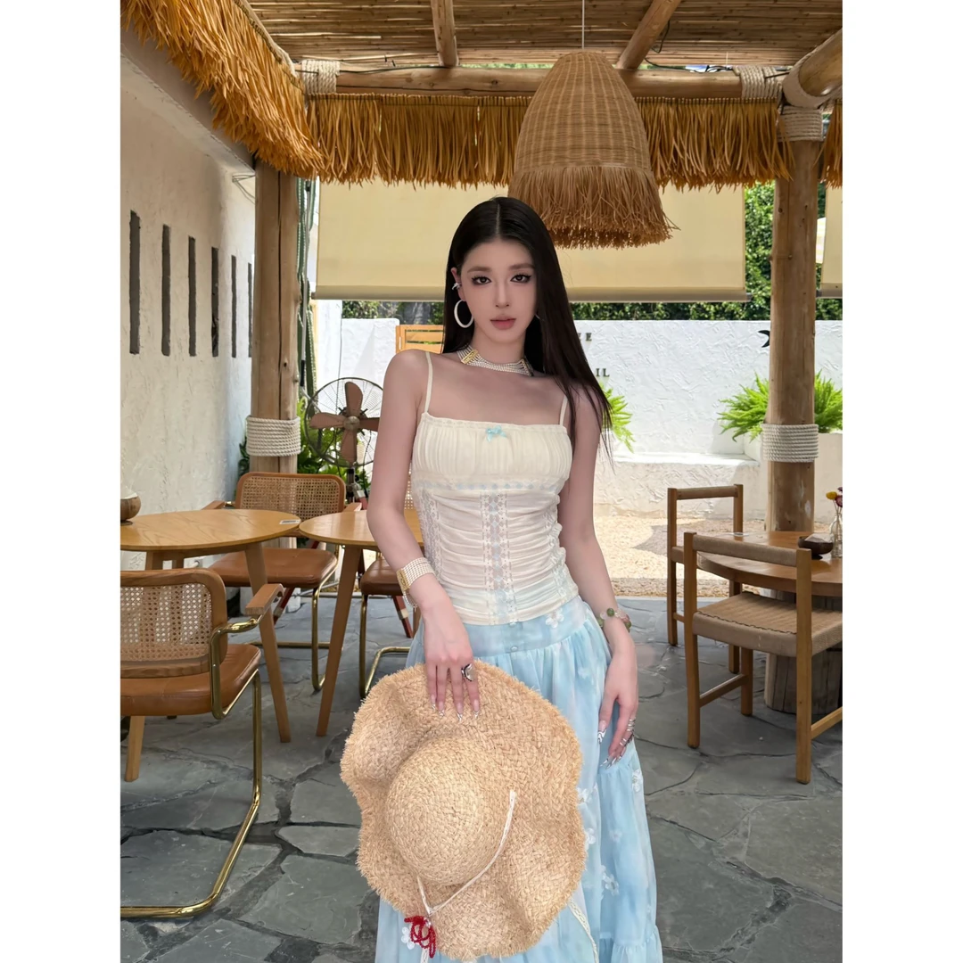 法式蓝色碎花长裙纯欲吊带上衣女夏高腰半身裙大摆长裙度假风套装