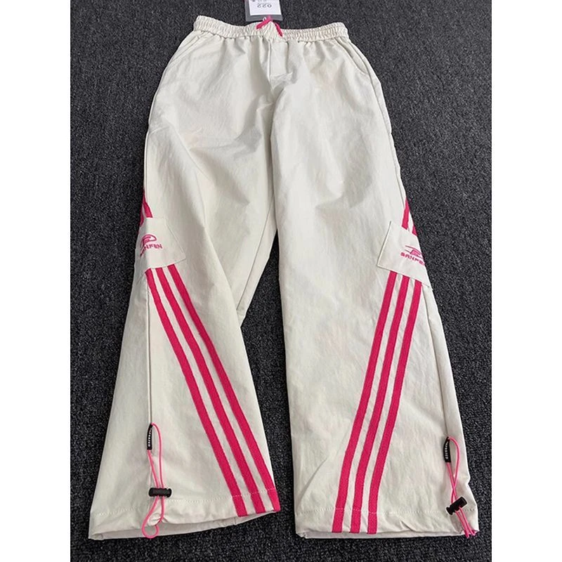 夏季大码300斤织带条纹拼接宽松百搭运动伞兵裤男女ins潮牌休闲裤