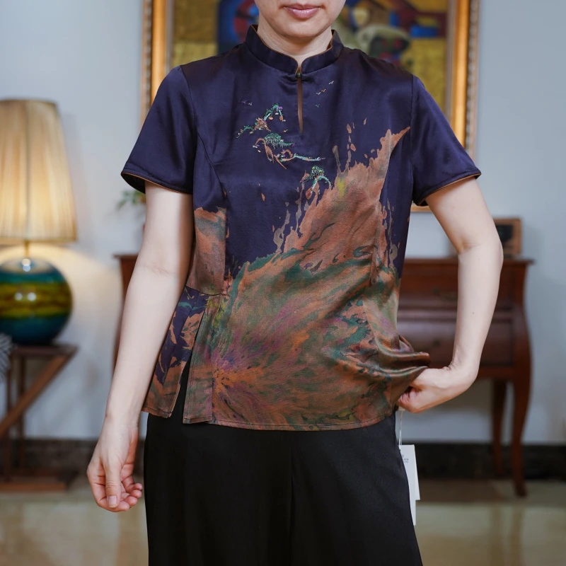 静若复古中式国风新中式气质民族风印花上衣-S4K5920