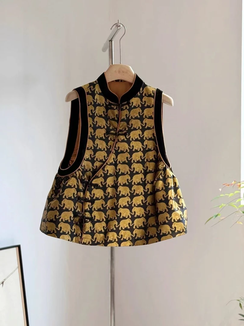 小众设计师款新中式洋气马甲女无袖上衣秋款拼接丝绒提花轻奢国风