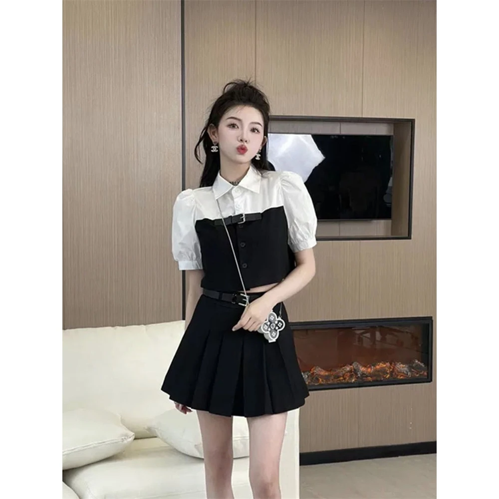 休闲西装套装女夏季2025新款学院风拼接衬衫百褶短裙两件套小个子