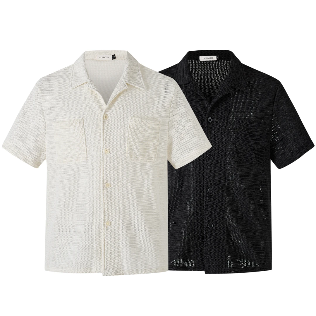 莫狂少年复古肌理感镂空开衫短袖衬衫男宽松痞帅衬衣外套TR27339