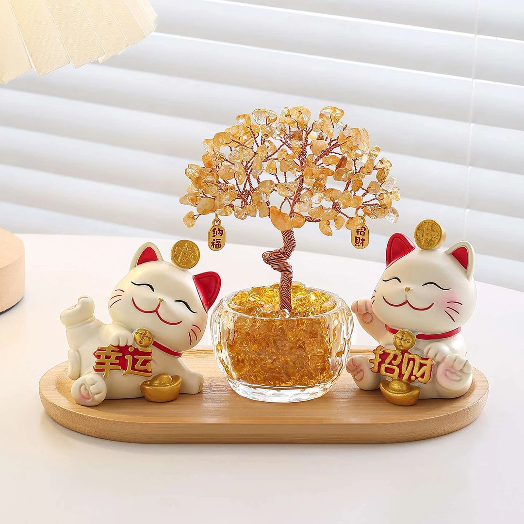 黄水晶发财树招财猫入户玄关摆件家居装饰办公室招财乔迁生