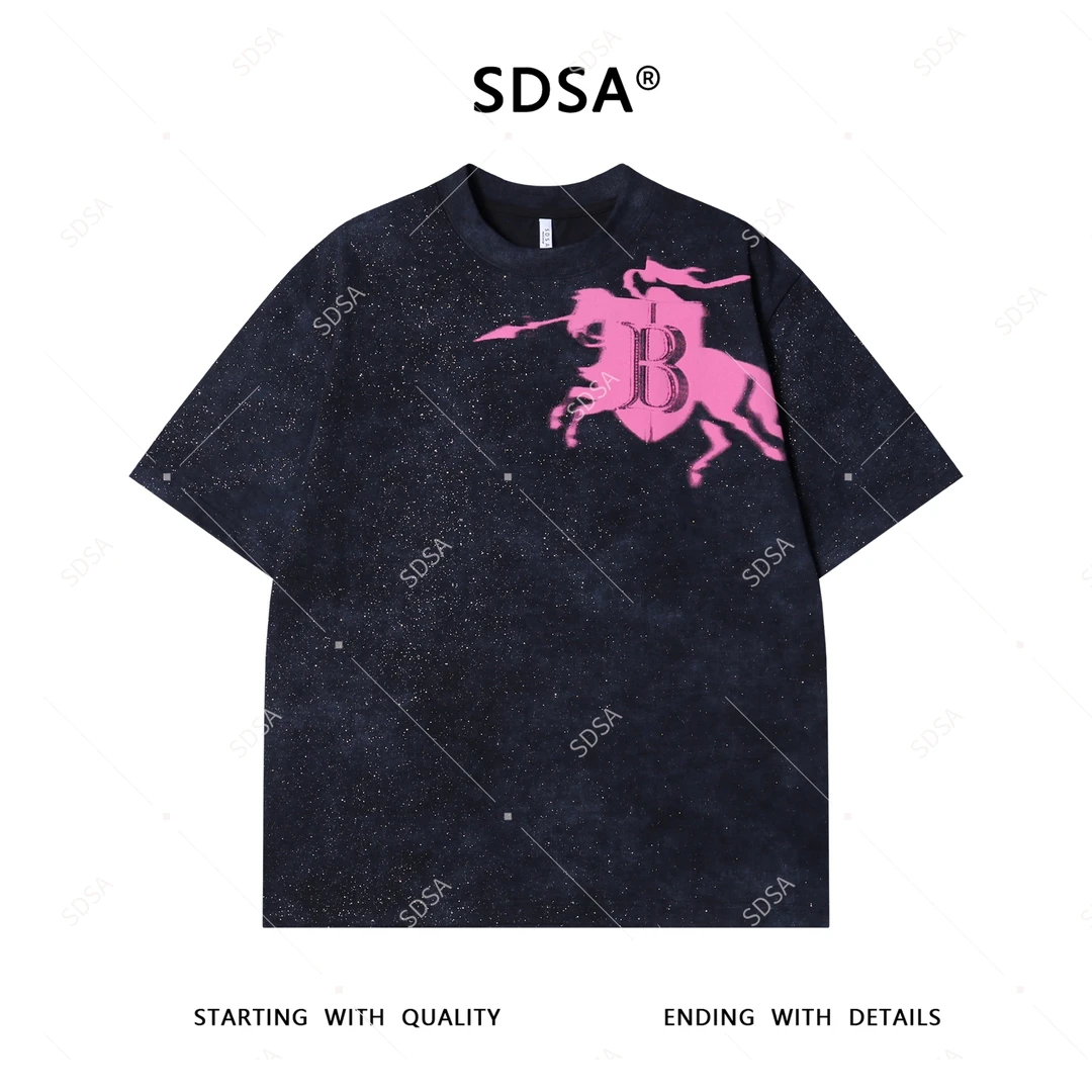 夏季高级感新款男士潮天星撞色战马印花短袖T恤设计百搭圆领上衣