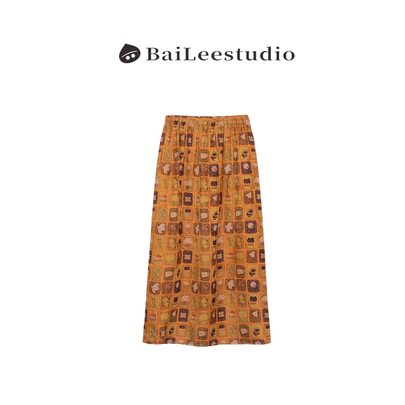 【柏栗良品】提花植物花卉印染碎花满印松紧腰半身裙250416