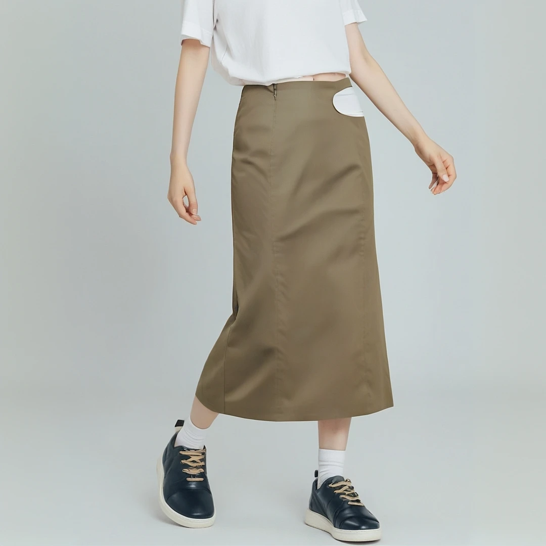 开叉半身裙中性风休闲长裙女士夏季卡其色A字裙