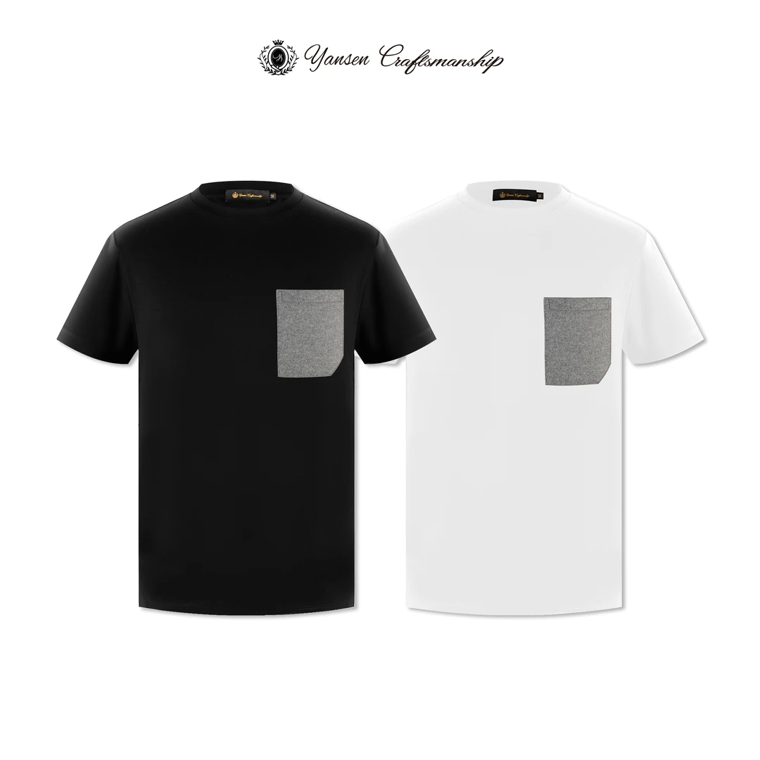 「言森匠心」100%棉简约呢料口袋装饰圆领短袖T恤 JH061