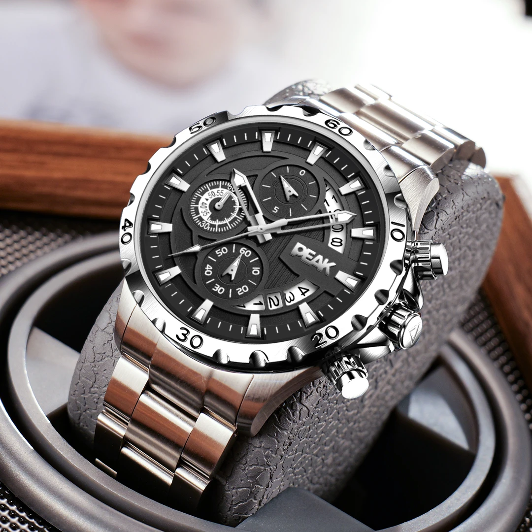 PEAK匹克正品男士手表名牌高级感三眼六针石英表男款学生潮流防水