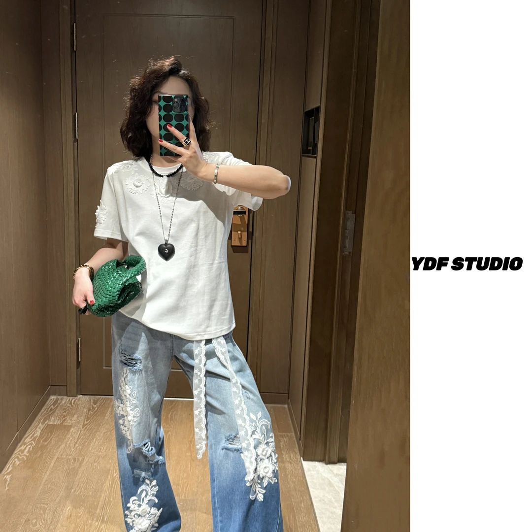 YDFSTUDIO小众【永恒花园】欧货高品手工花朵设计时尚百搭T恤