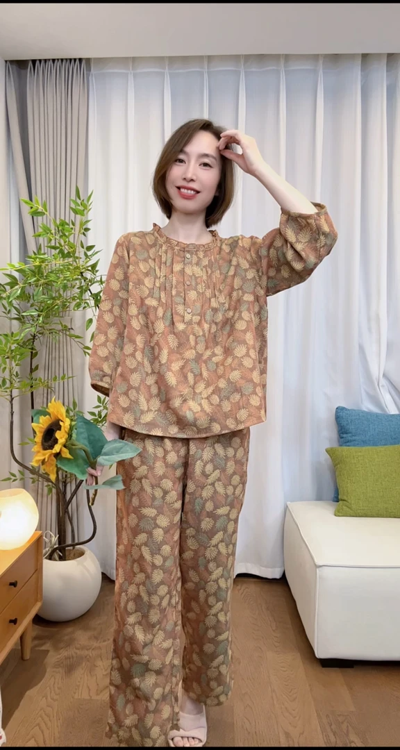 『予芙』提花全棉纱七分袖长裤睡衣家居服纯棉套装MY0163