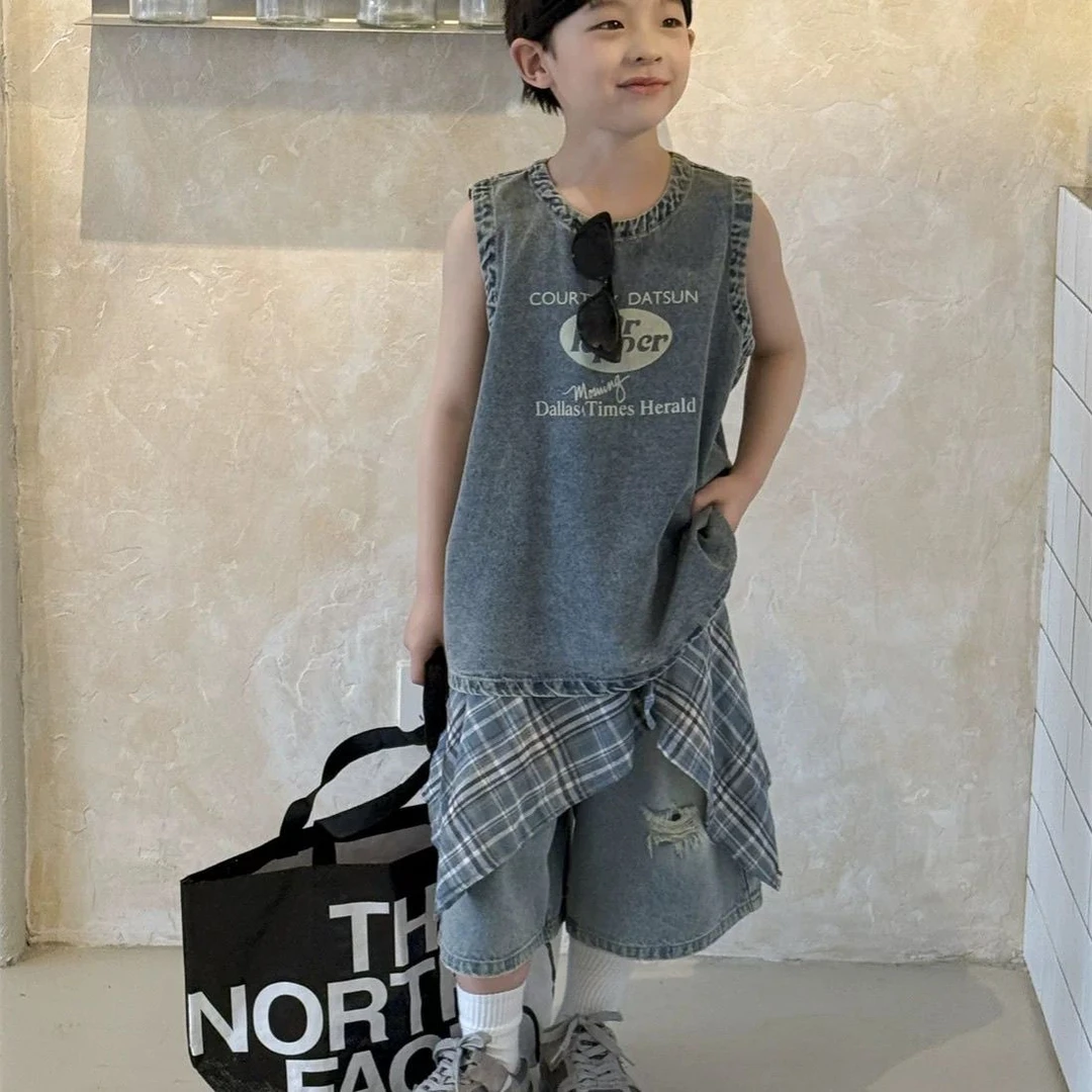 男童夏季新款背心套装2025男童韩版软牛仔牛仔背心潮酷痞帅童装