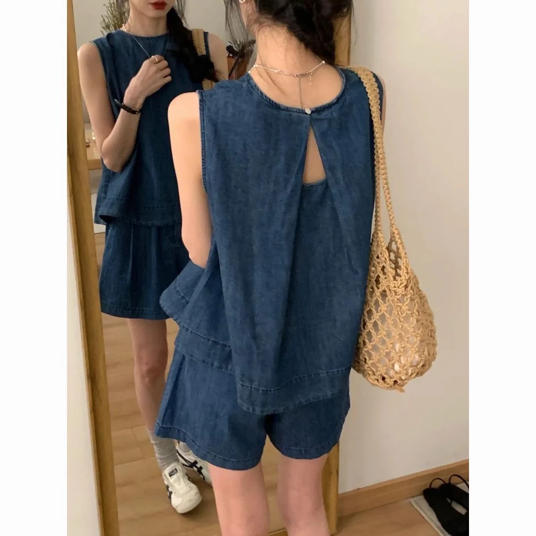 小个子穿搭一整套女2025夏装镂空设计感牛仔背心上衣短裤两件套装