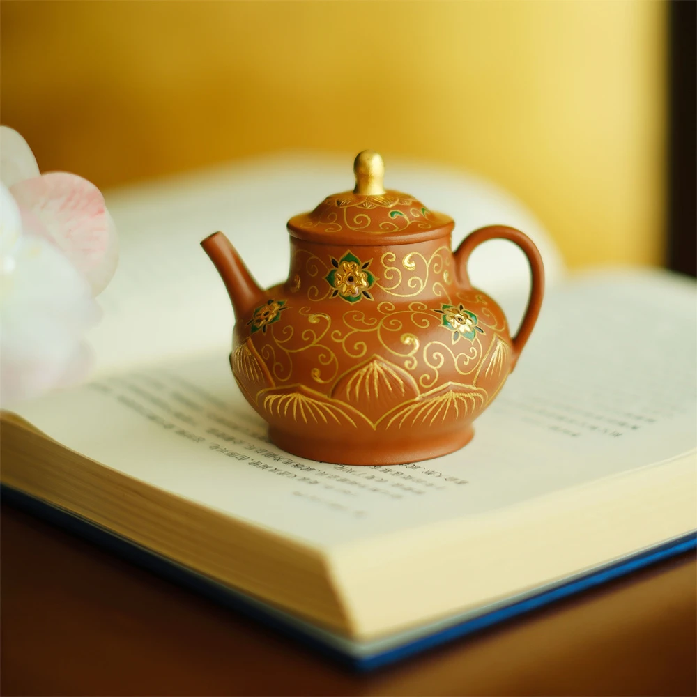 大碗茶器【绣锦壶】宫灯· 朱泥·120cc·内推球孔手绘紫砂壶