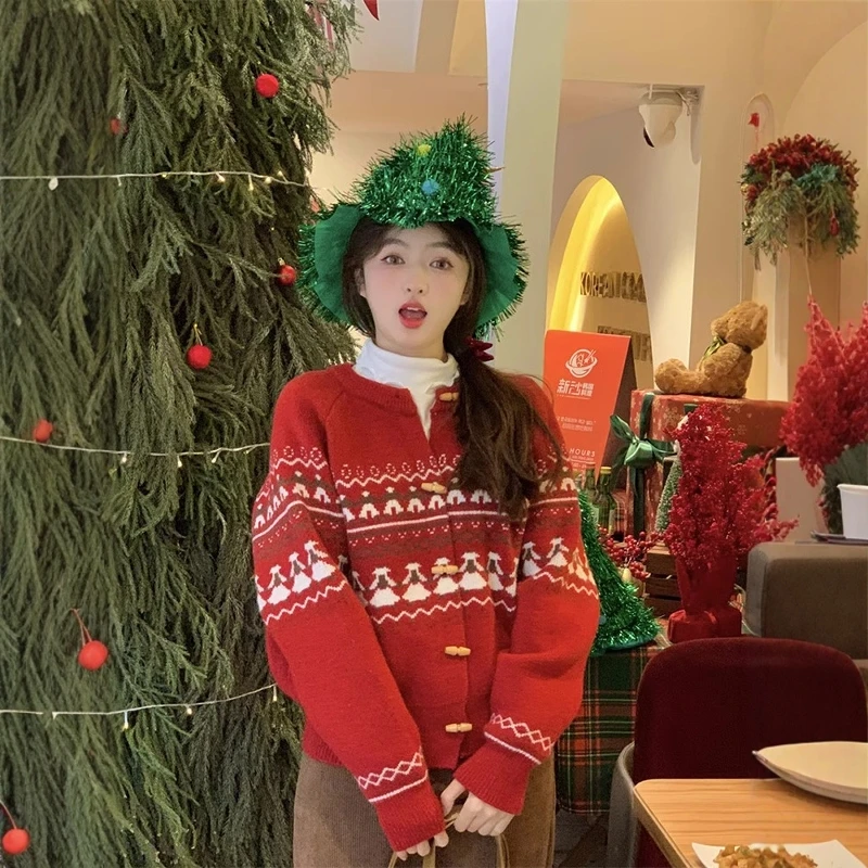 圣诞氛围感费尔岛针织开衫女秋冬季慵懒风软糯牛角扣毛衣外套上衣