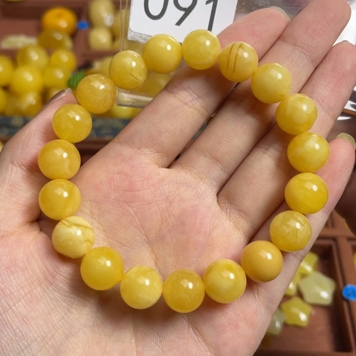 琥珀未镶嵌裸石黄白满蜡妖花圆珠手串10+默认微瑕