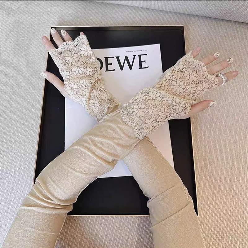 夏季薄款冰袖甜美镂空时尚百搭蕾丝长款套袖户外骑行开车防紫外线