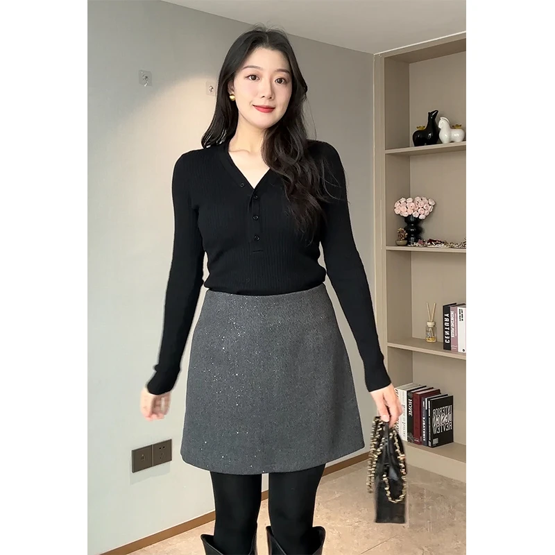 毛呢半身裙女秋冬胖mm高腰显瘦遮胯miu系闪闪氛围感百搭A字短裙