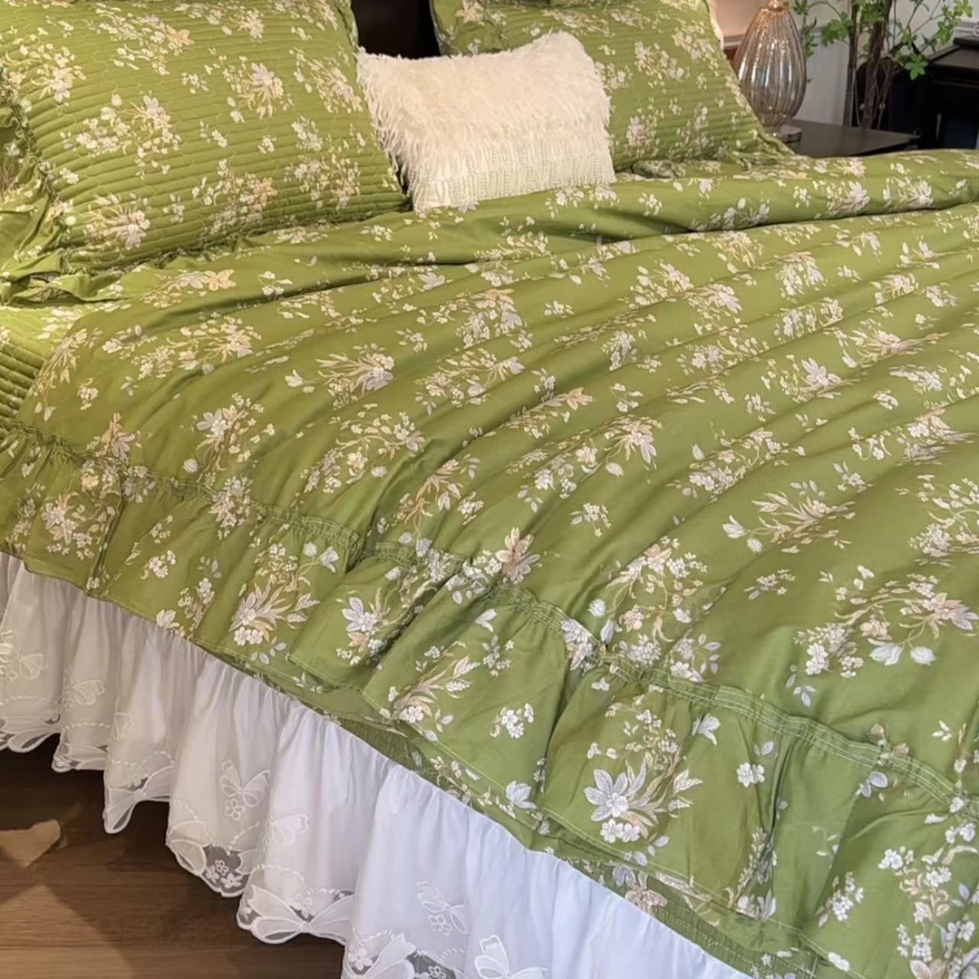 小冲冲【春风拂绿】法式浪漫森系全棉印花蕾丝花边床盖款四件套