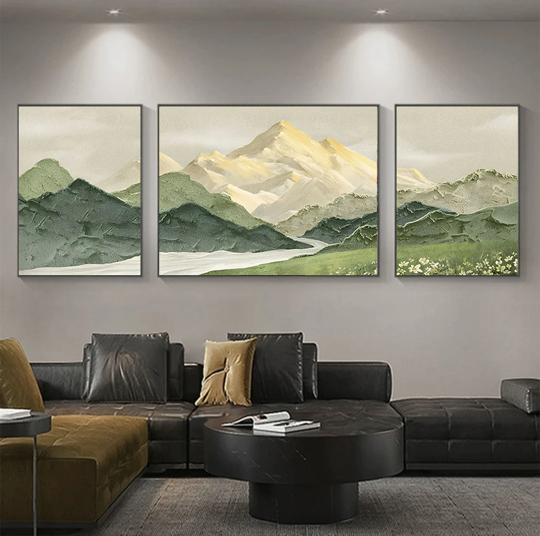 【高山流水三联】砂岩肌理画沙发背景墙轻奢现代风装饰挂画