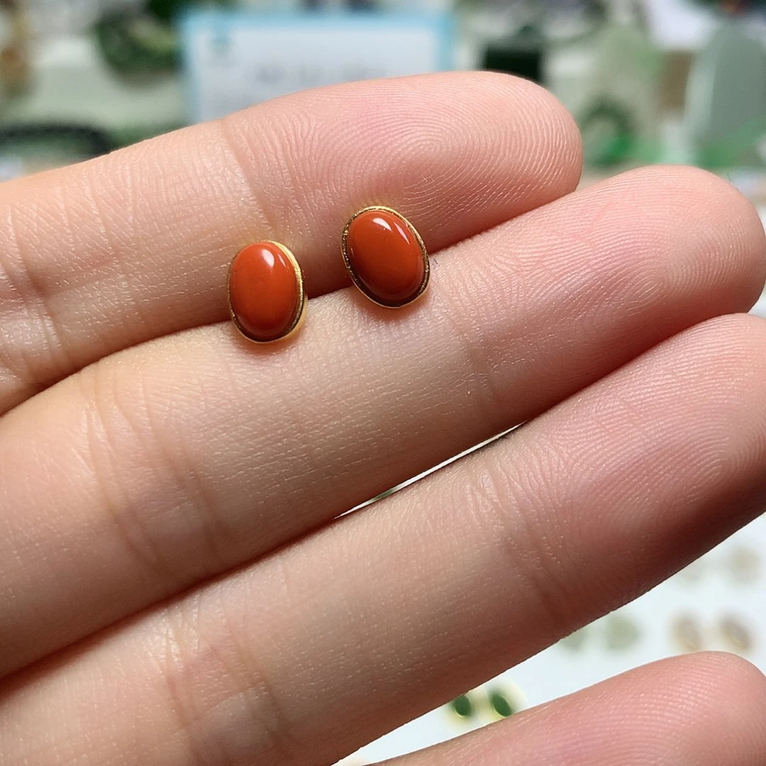 银S925镀金镶嵌南红玛瑙耳饰