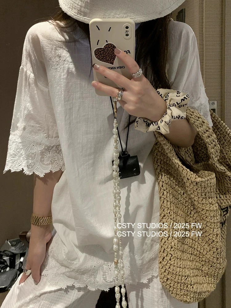 白色勾花蕾丝拼接短袖t恤女2025夏季新款宽松轻薄透气慵懒上衣服