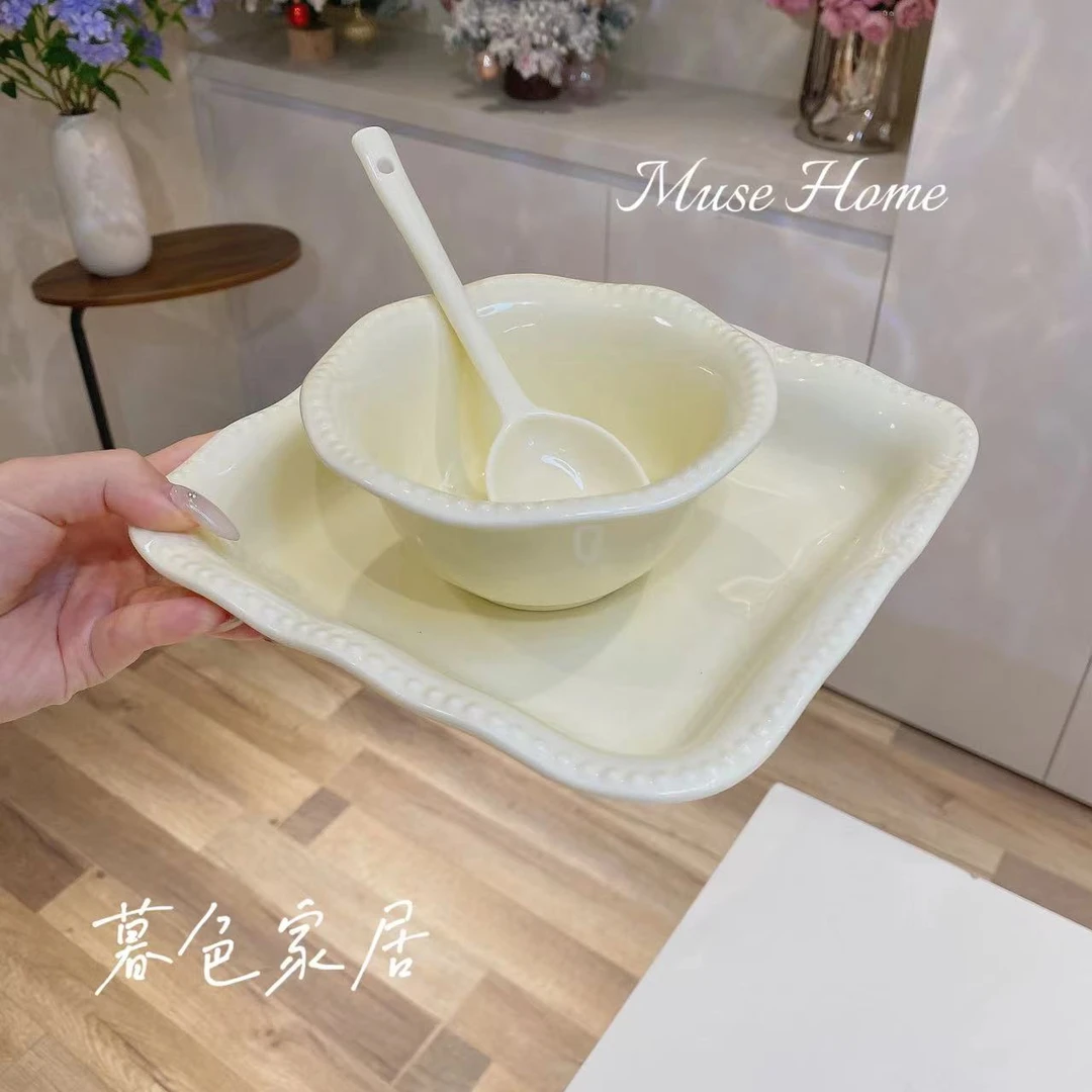 【a法式珠点方盘3件套】米饭碗盘子勺子组合陶瓷釉下彩高颜值餐具