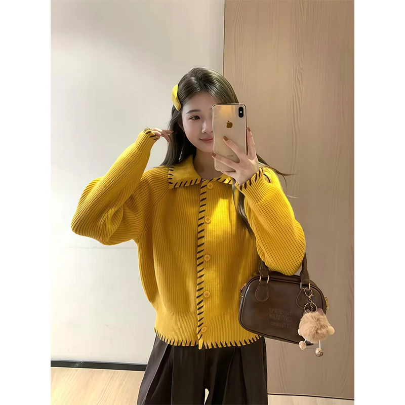 辣妹风编织花纹翻领长袖针织开衫上衣女秋季新款休闲百搭毛衣外套