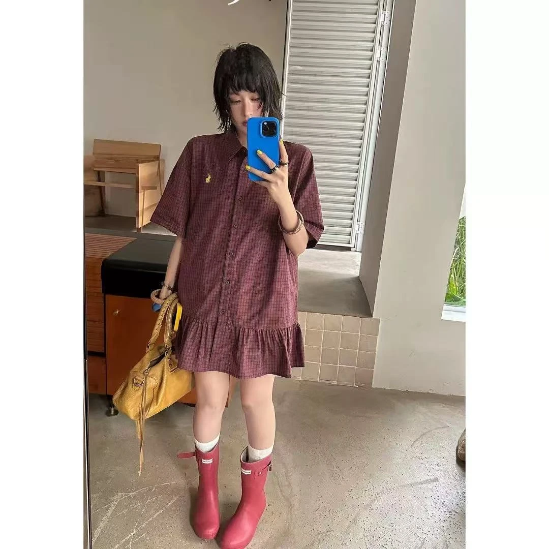 FRVXO美式复古小马刺绣格子显瘦翻领衬衫裙连衣裙