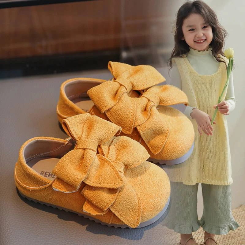 2025春秋新款女童韩系绒皮勃肯鞋双蝴蝶结公主鞋儿童软底防滑单鞋