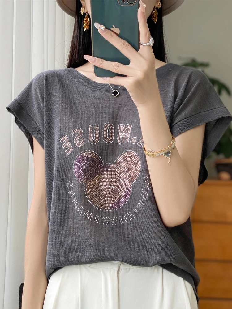 2025竹节麻~超凉快~吸汗透气~圆领短袖女轻薄宽松T恤烫钻针织衫