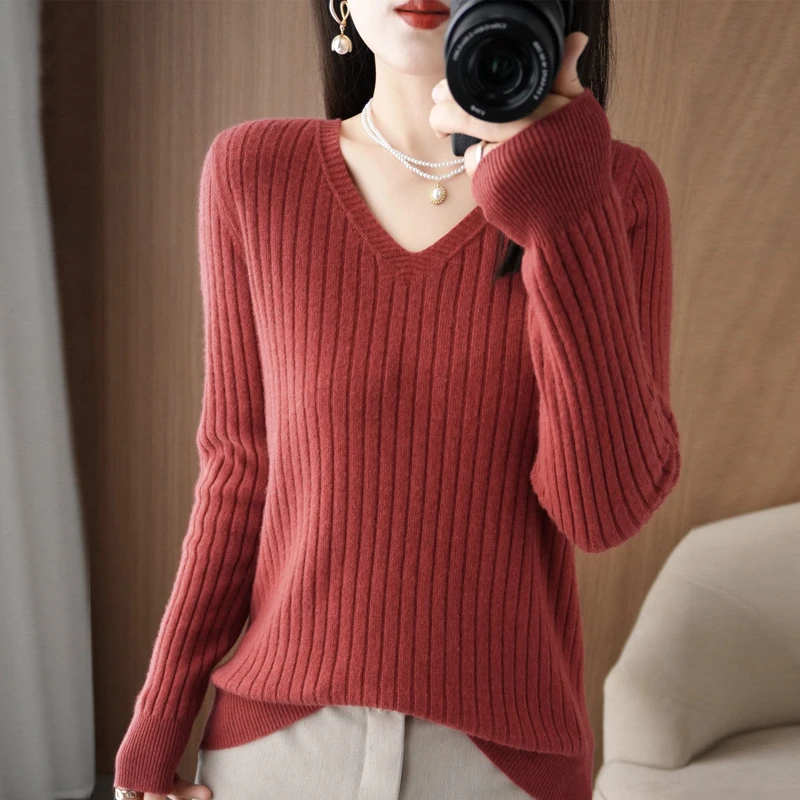 秋冬V领针织衫打底毛衣女2224