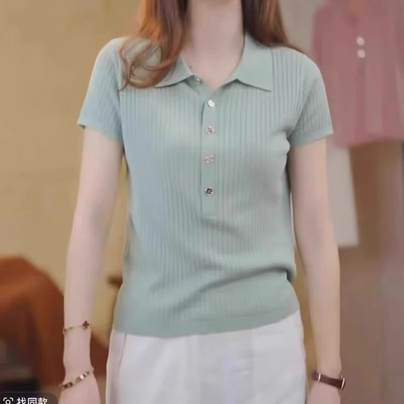 夏季2025新款法式纯色polo翻领冰丝针织衫上衣女通勤简约短袖t恤