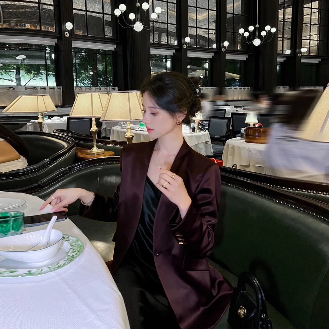 高级醋酸西装外套女2025春秋季新款韩版设计感气质名媛缎面小西服