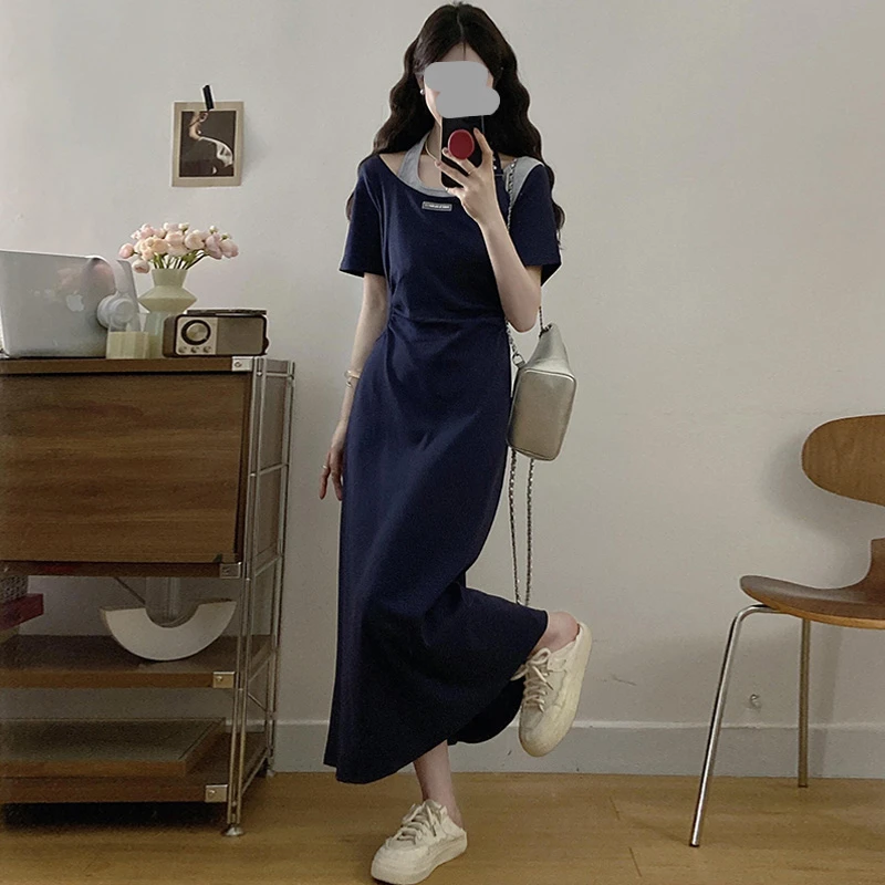 大码美式复古风胖妹妹mm显瘦连衣裙假两件拼接设计感洋气小裙子