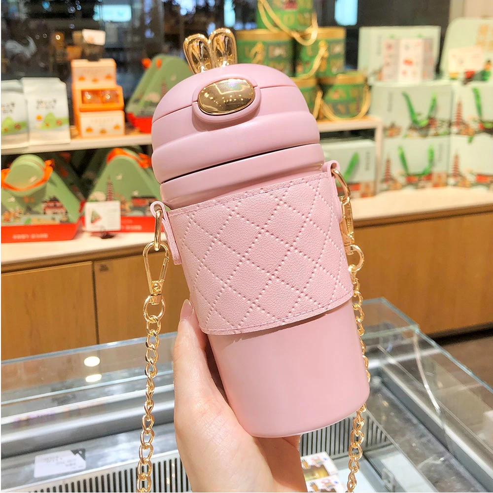 时尚萌兔保温杯女生高颜值316不锈钢吸管杯子便携吸管双引水杯