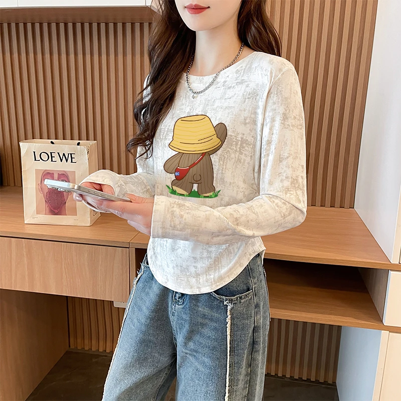 秋季卡通扎染修身打底衫女内搭洋气减龄不规则褶皱上衣长袖T恤潮