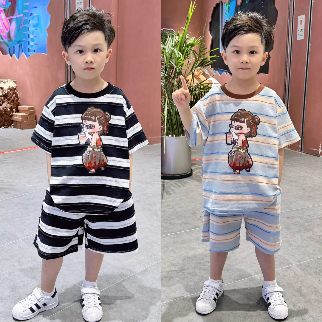 男童夏季条纹套装2025新款潮酷哪吒亮灯款
