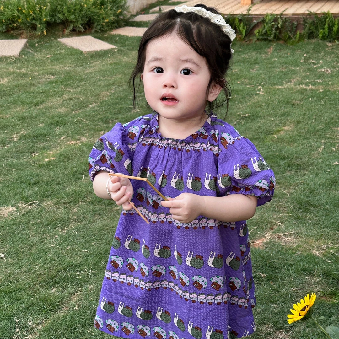 【现货】壹妈童装韩系可爱儿童裙子新款洋气卡通紫色连衣裙棉绸女宝