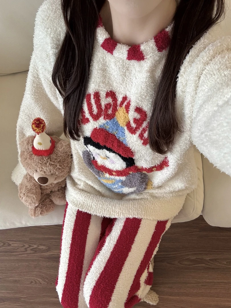 【DMXJ大梦想家】可爱卡通企鹅半边绒睡衣女款秋冬款保暖家居服套装