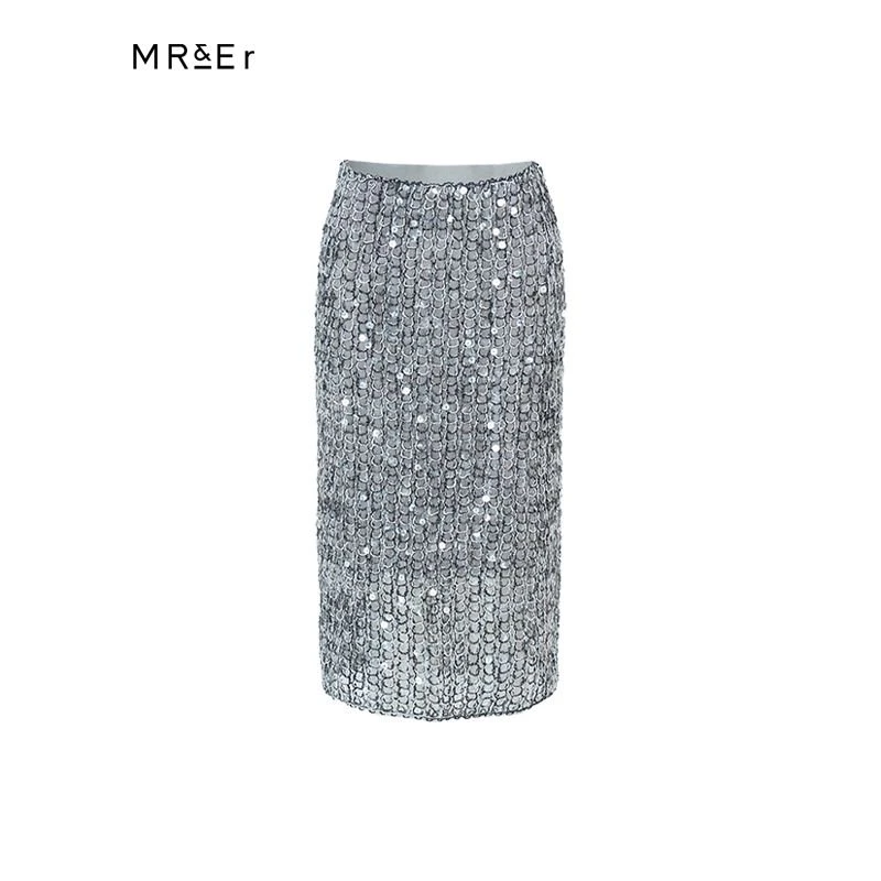 银色亮片中长半裙高腰开叉设计时尚气质R4A61362