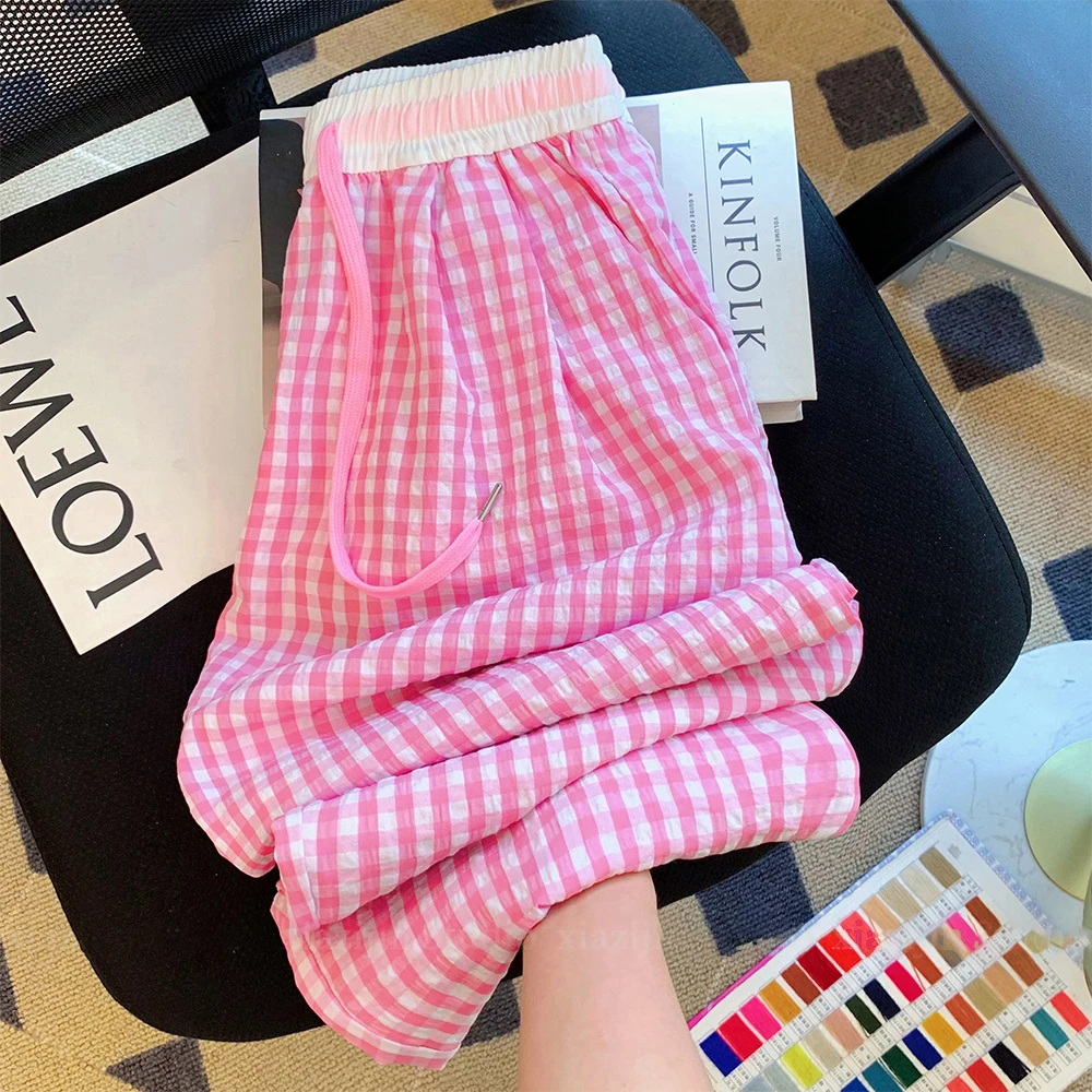 高腰格子直筒休闲裤小个子宽松阔腿长裤薄款裤子女夏季