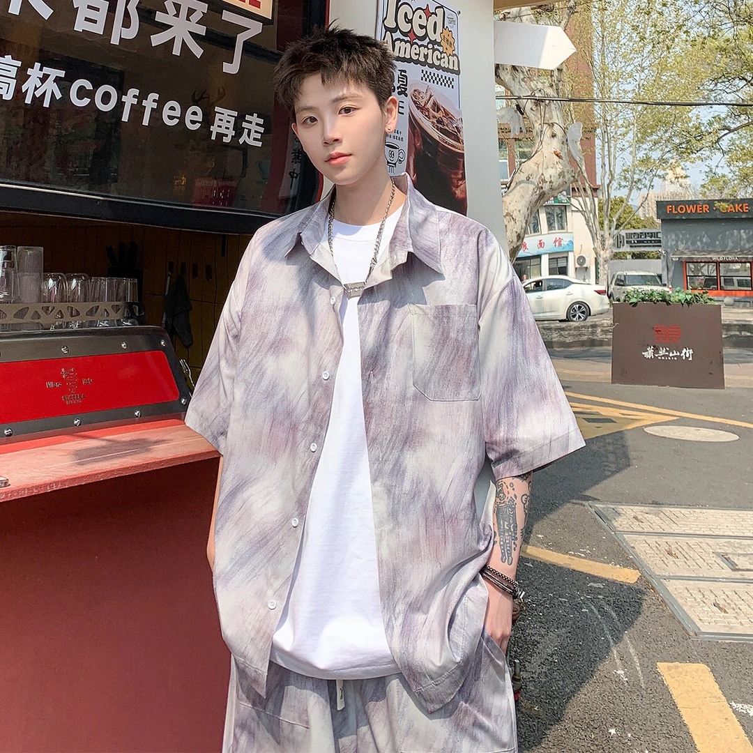 美式油墨大理石花衬衫短裤套装男款薄款翻领宽松休闲衬衣直筒短裤