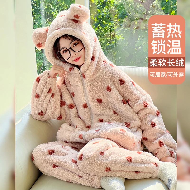 女童冬季加绒加厚睡衣儿童外穿公主风双面珊瑚绒家居服套装亲子装