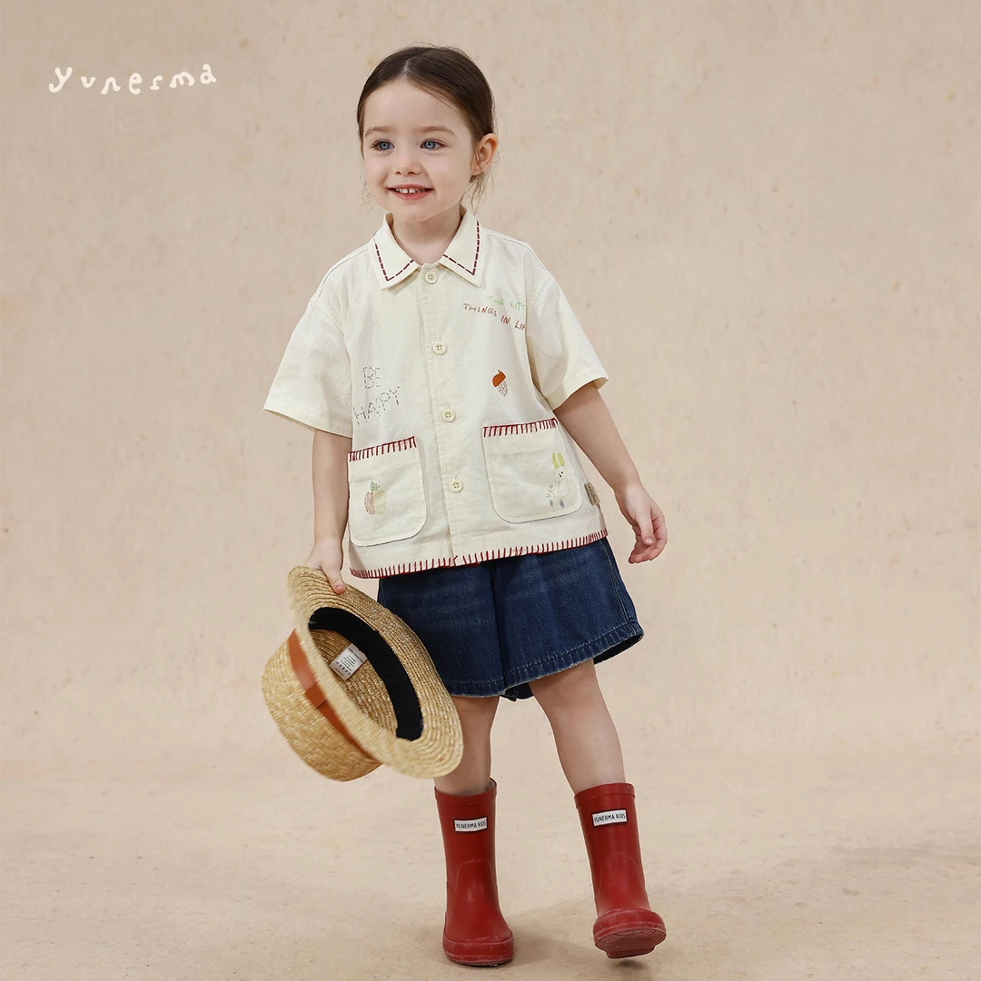 允儿妈女童夏季百搭印花衬衫牛仔短裤套装宝宝短袖儿童裤子潮