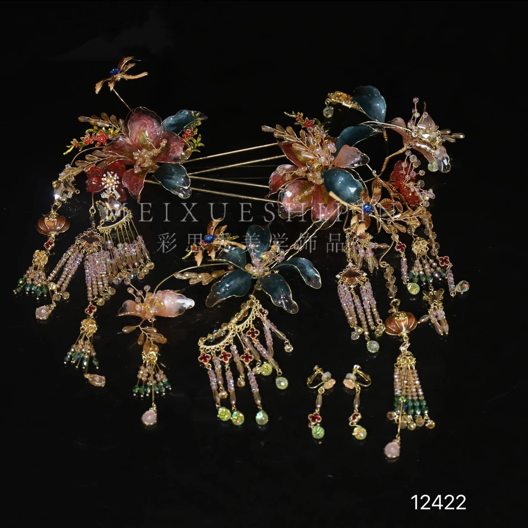 12422·ete重工气质滴胶粉绿中式婚礼秀禾古风新娘结婚头饰