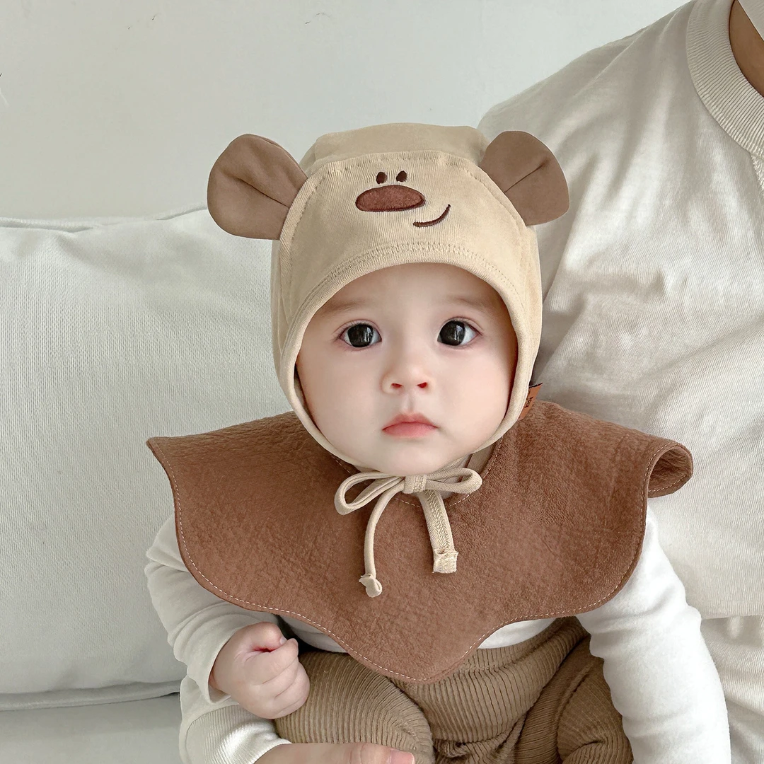 婴儿帽子儿童新生儿秋季护耳帽男女宝宝婴幼儿小熊卡通超萌帽子棉