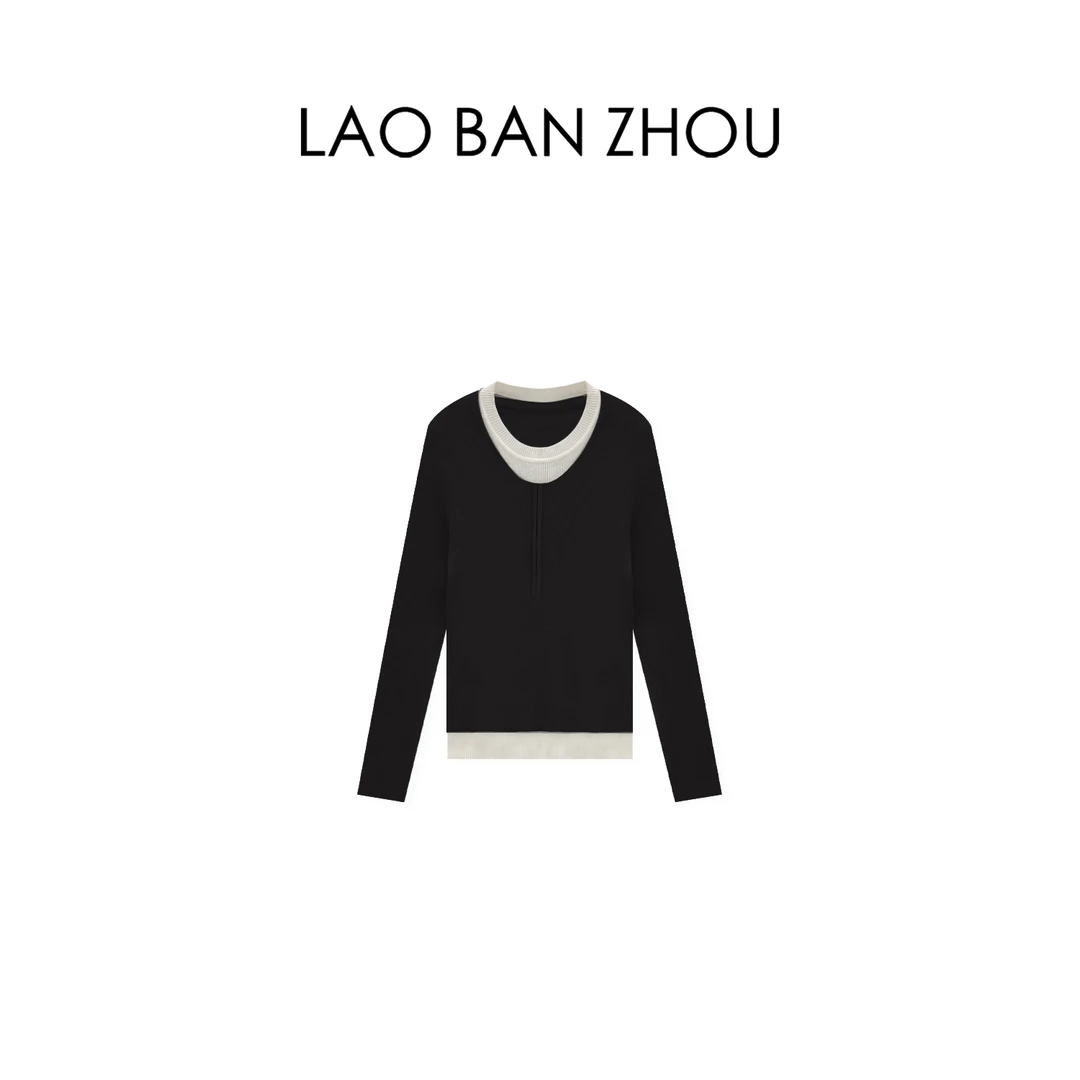【老板周】随性极简 秋冬新款半拉链撞色假两件针织上衣