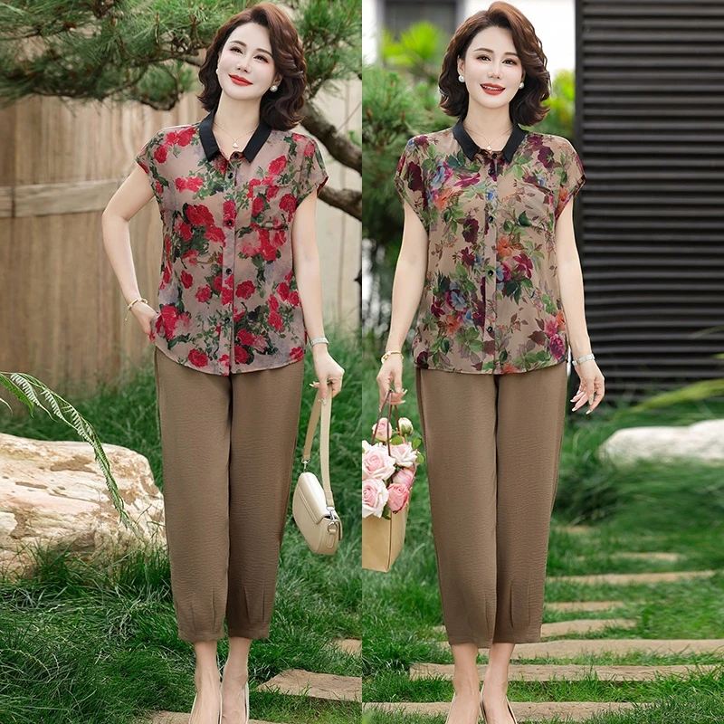 2025新款妈妈夏装短袖衬衫上衣套装中老年女装洋气宽松大码两件套