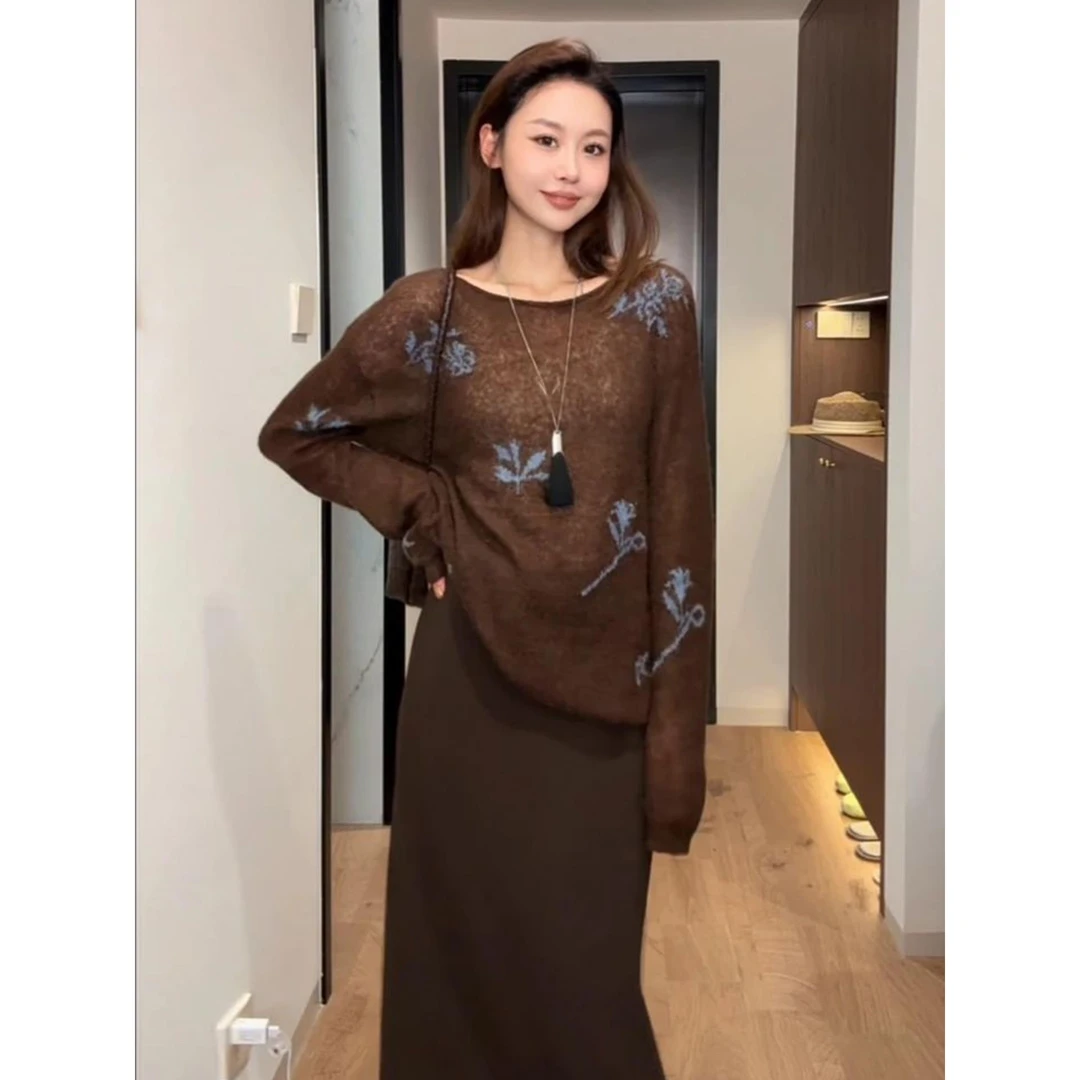 美拉德咖色刺绣针织衫女高级感慵懒chic套头毛衣2025新款上衣早秋