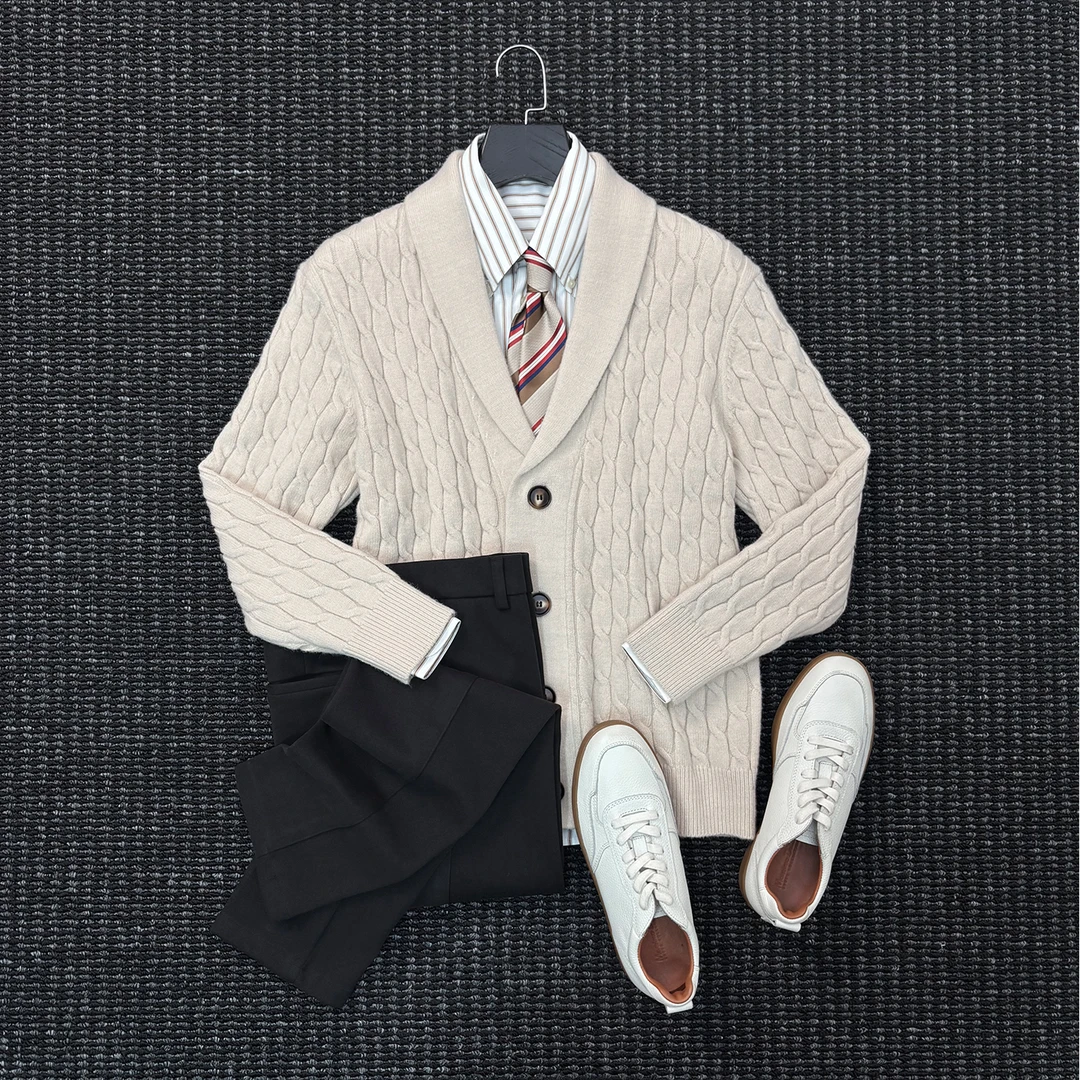 There isrice高定绅士青果领羊毛混纺麻花针织开衫男士毛衣外套